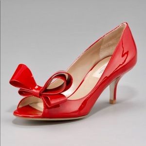 Valentino. Red Couture Patent Bow Low Heel Pumps